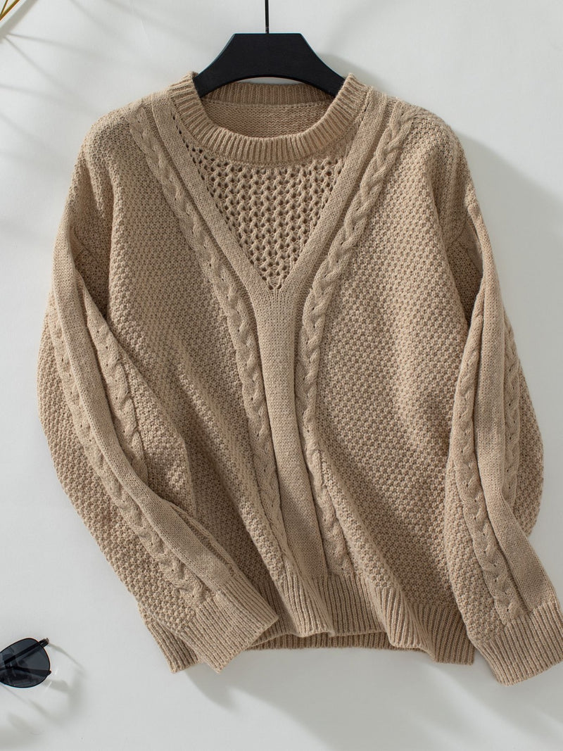 Hazel Blues® |  Openwork Cable-Knit Round Neck Long Sleeve Sweater