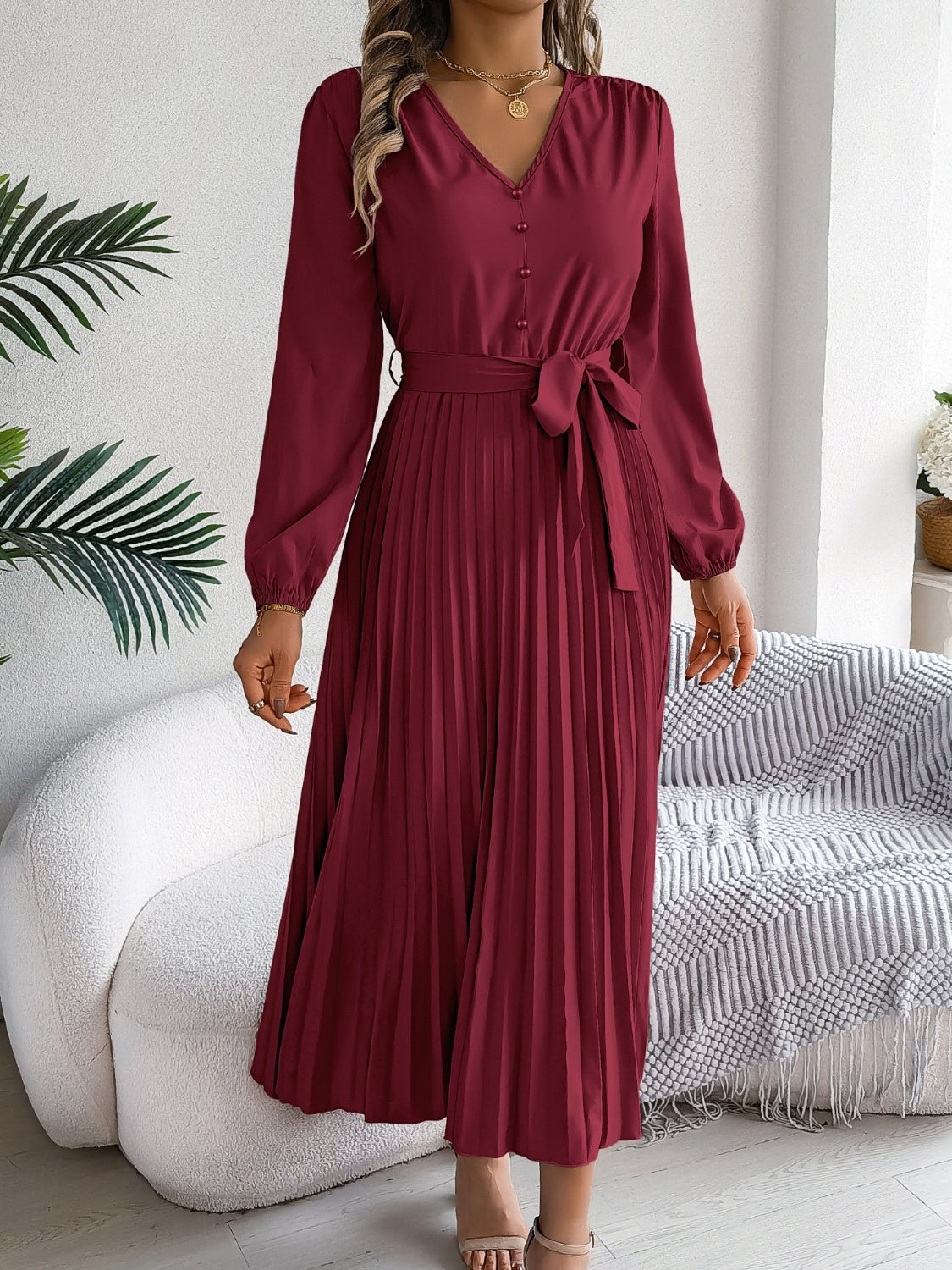 Hazel Blues® |  Pleated Tied V-Neck Long Sleeve Dress