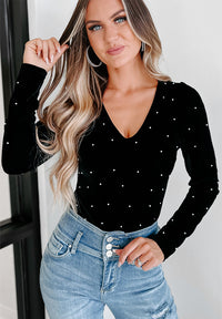 Hazel Blues® |  Pearl Detail Velvet V-Neck Long Sleeve Bodysuit