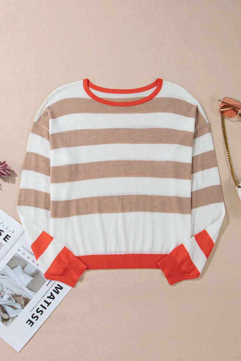 Hazel Blues® |  Contrast Striped Round Neck Long Sleeve Knit Top