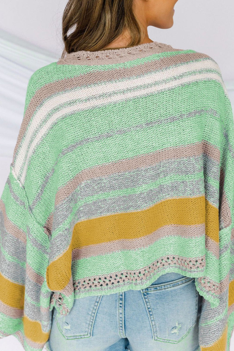 Hazel Blues® |  Contrast Striped Boat Neck Dropped Shoulder Sweater