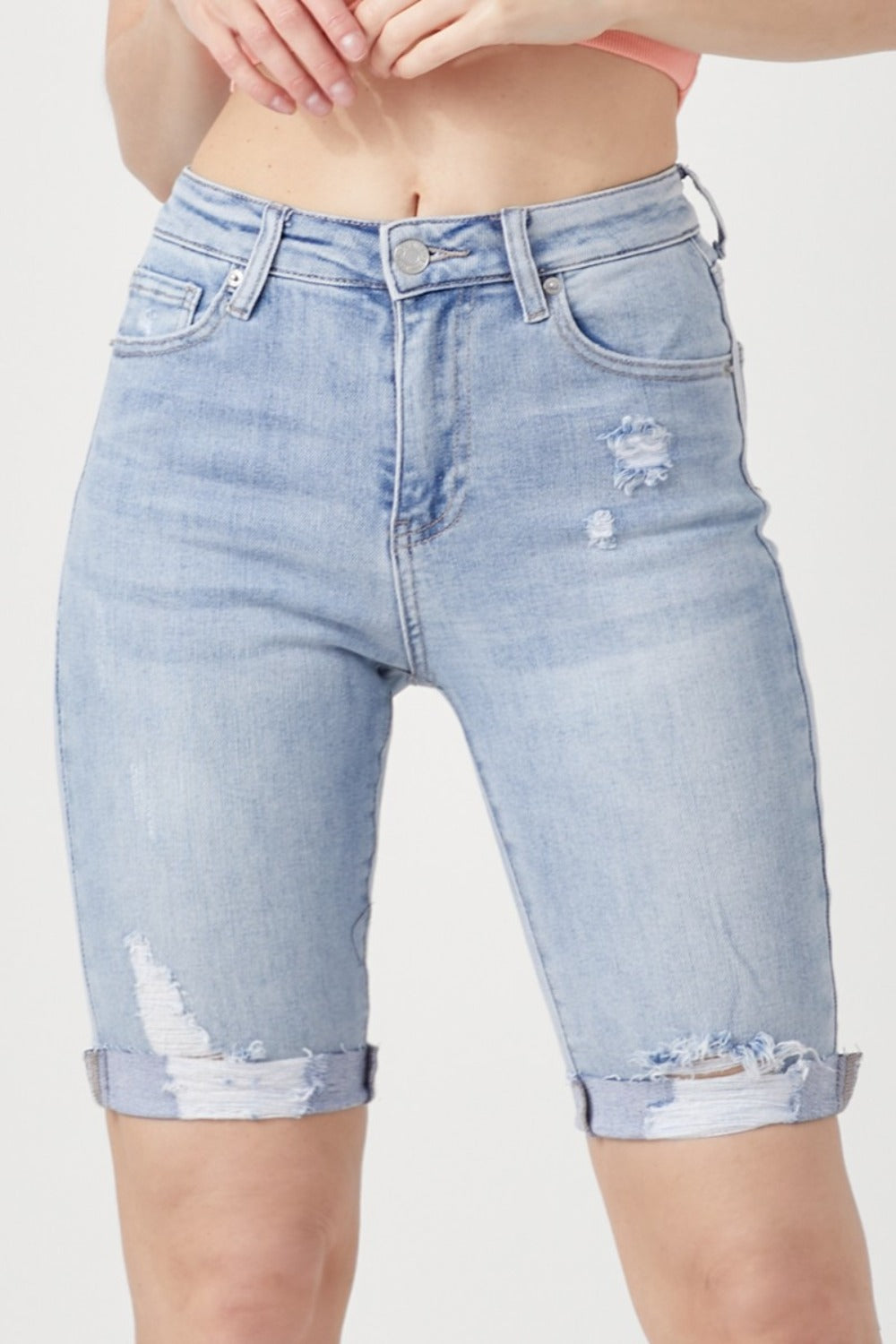 Hazel Blues® |  RISEN High Rise Distressed Denim Bermuda Shorts