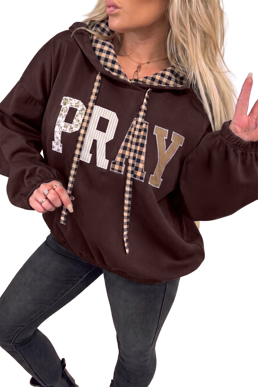Faithful Plaid Brown PRAY Graphic Hoodie