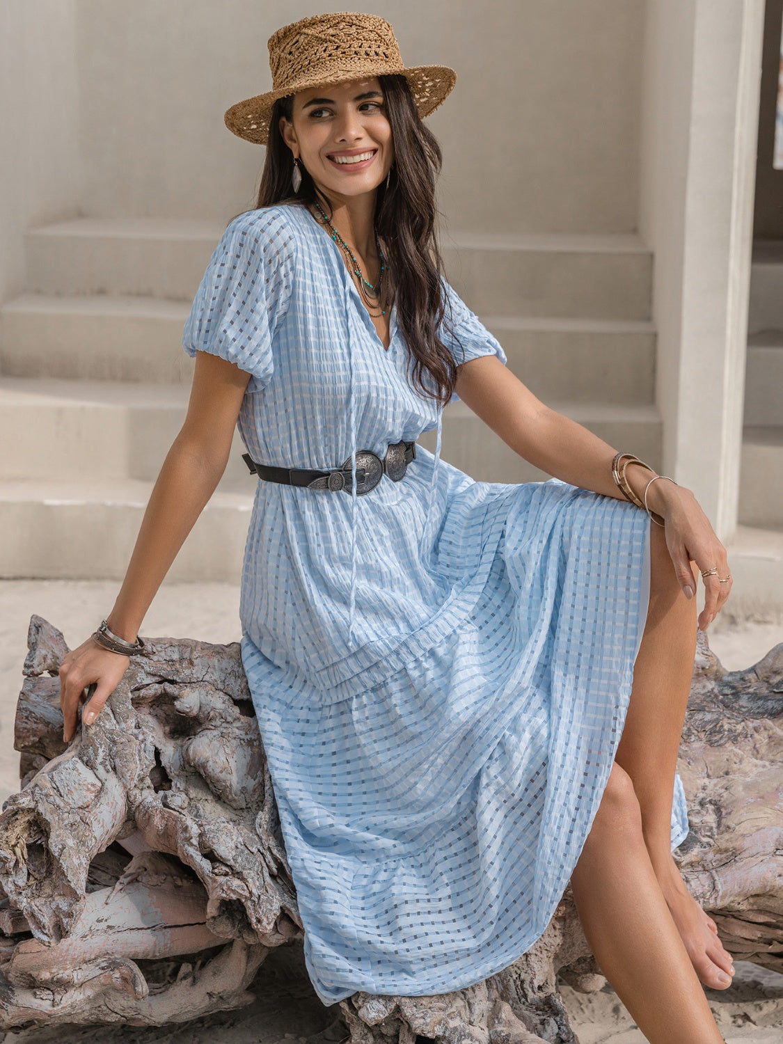 Hazel Blues® |  Tie Neck Balloon Sleeve Tiered Dress