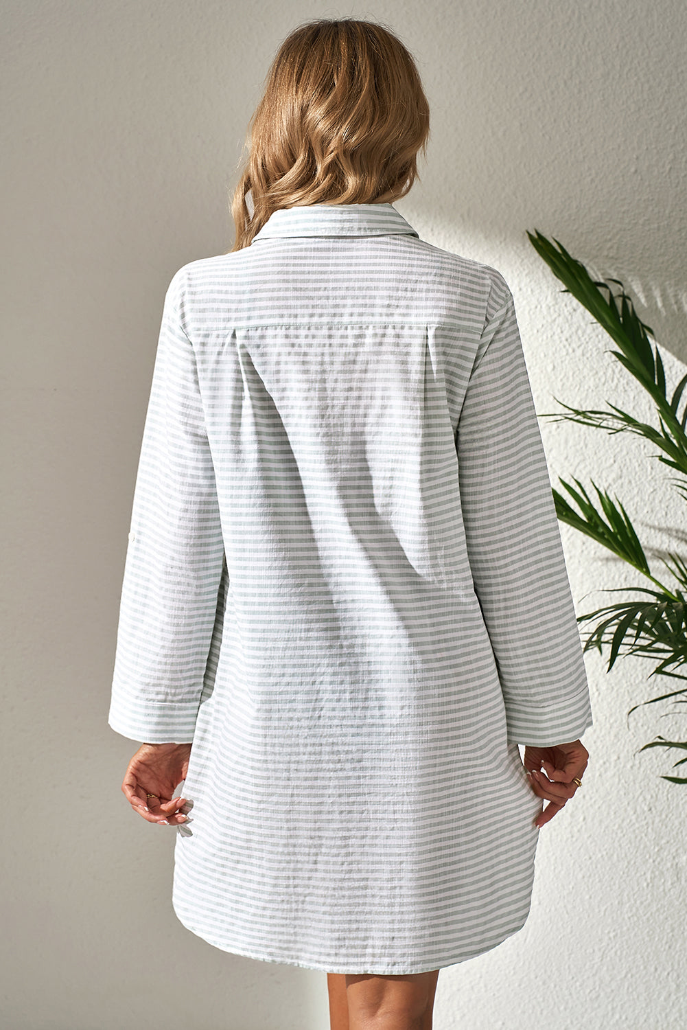 White Stripe Collared V-Neck Chest Pocket Long-Sleeve Beach Cover up