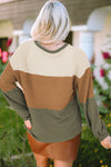 Hazel Blues® |  Waffle-Knit Color Block Round Neck Long Sleeve Blouse