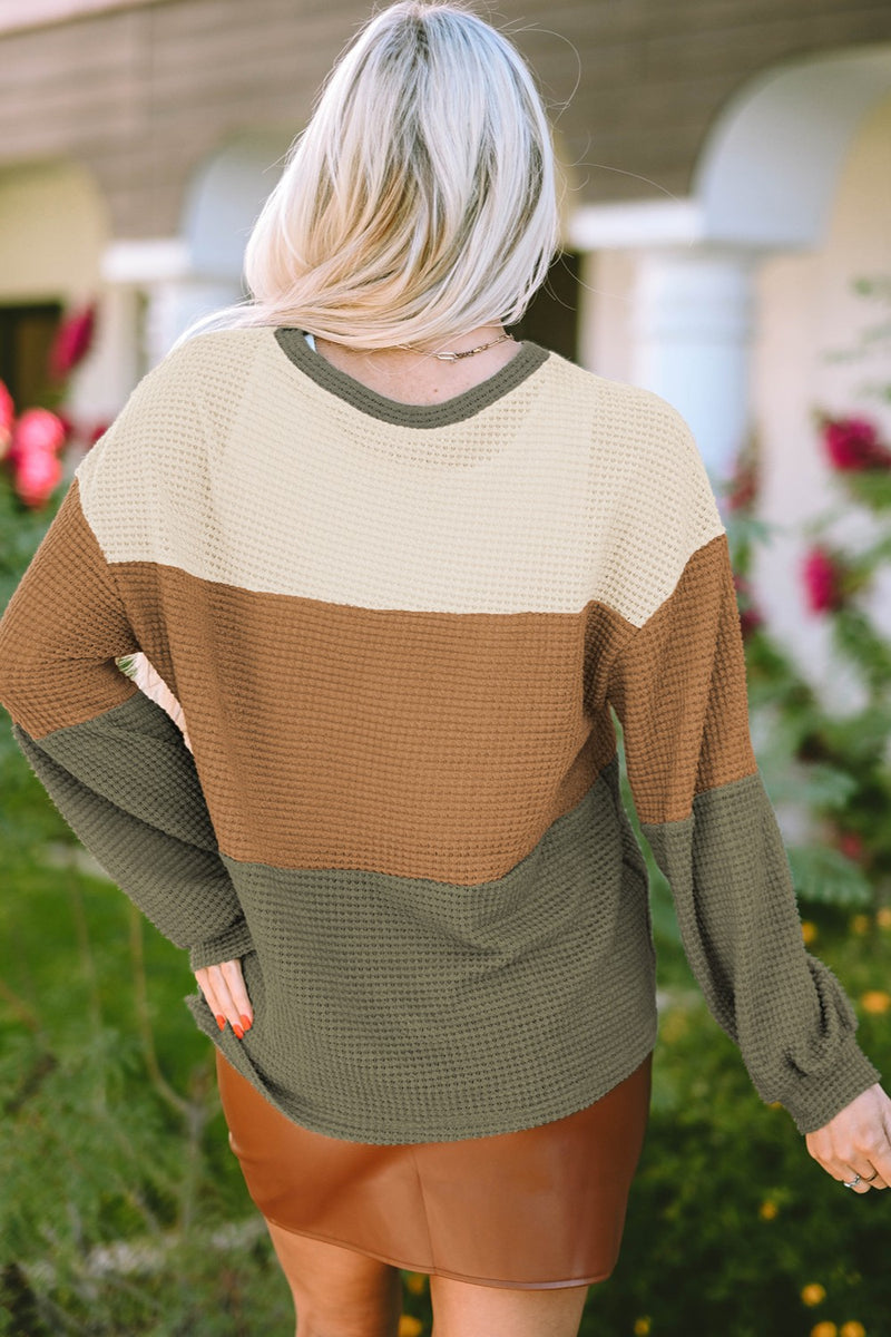 Hazel Blues® |  Waffle-Knit Color Block Round Neck Long Sleeve Blouse