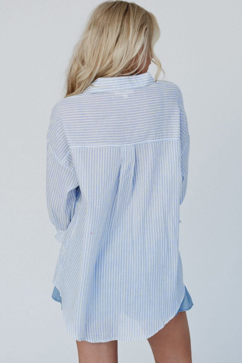 Hazel Blues® |  High-Low Striped Collared Neck Long Sleeve Shirt