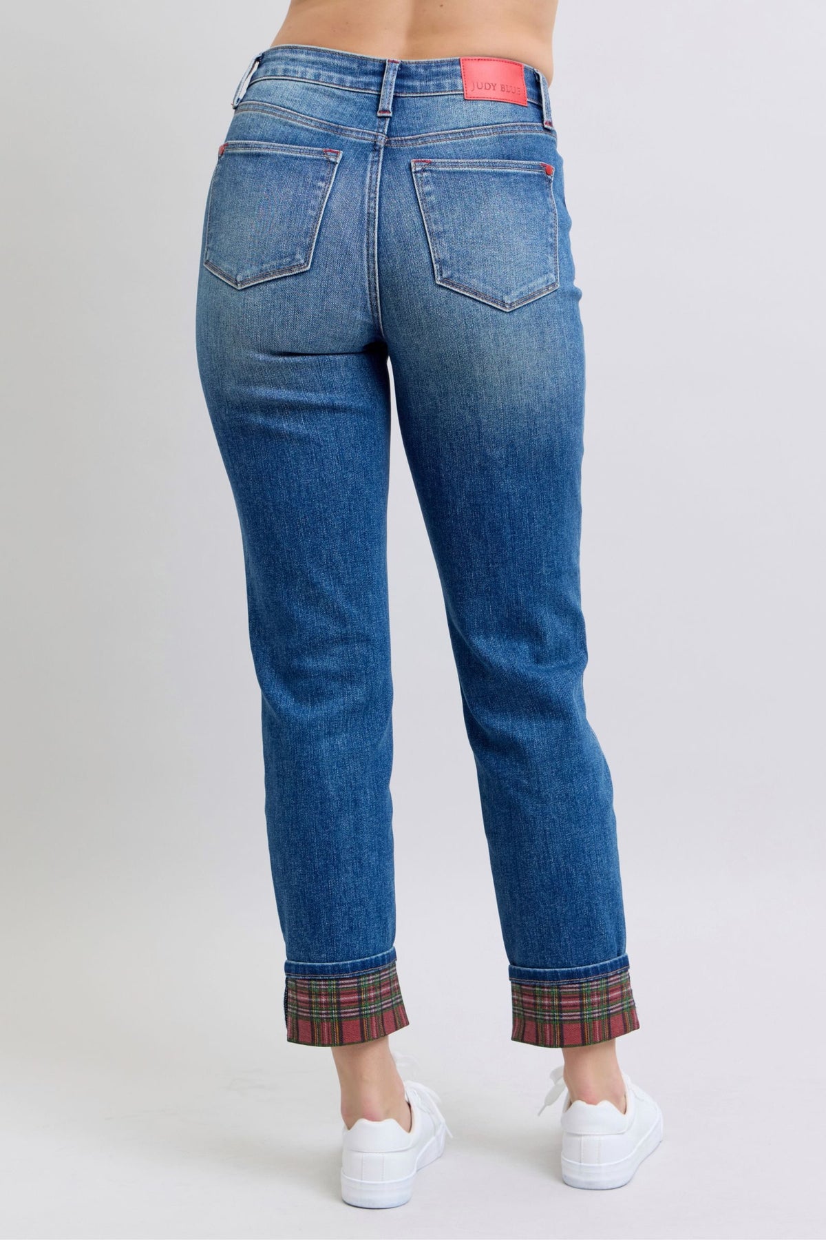 Hazel Blues® |  Judy Blue Plaid Print Cuff Straight Leg Jeans with Pockets