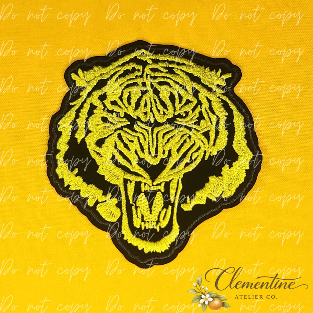 Yellow Tiger Head Face Mascot | Small Iron-On Patch |  Hats, Clothing, Bags+