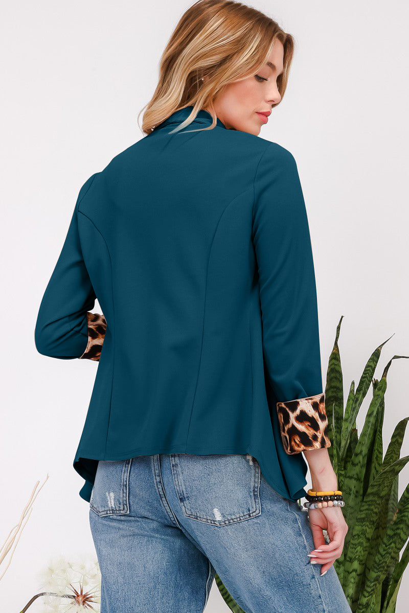 Hazel Blues® |  Celeste Rolled Leopard Cuff Open Front Blazer