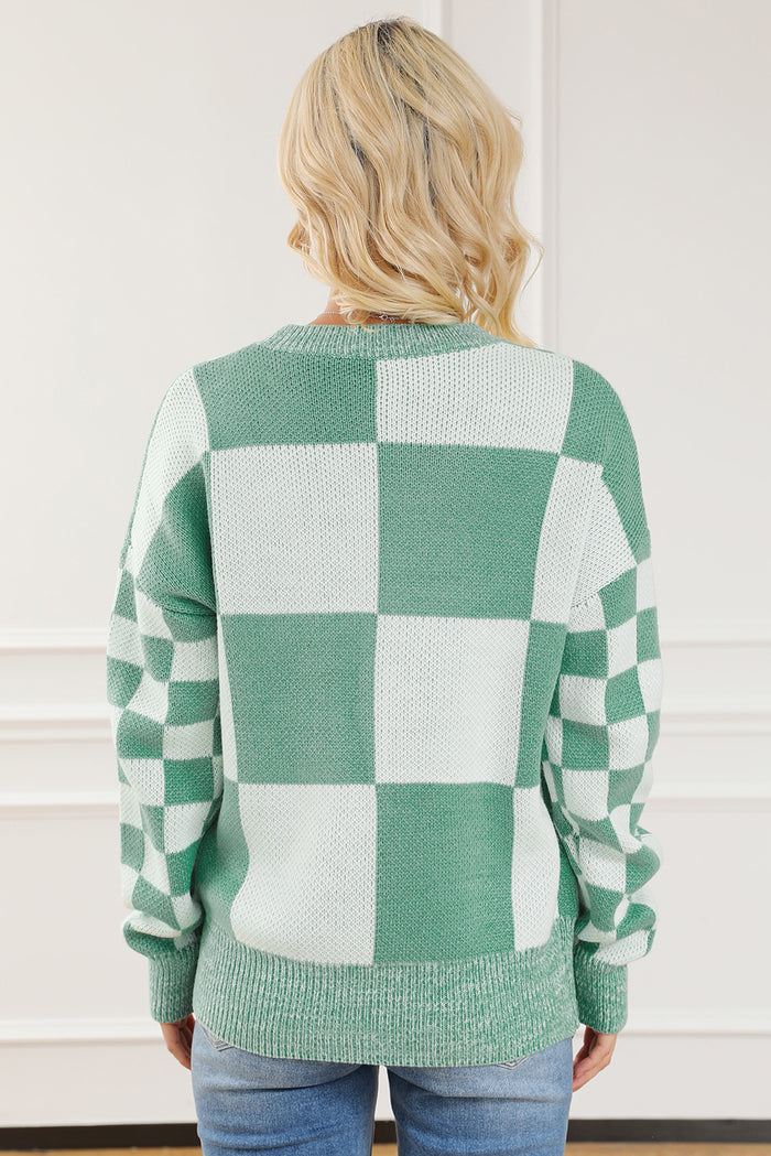 Hazel Blues® |  Checkered Drop Shoulder Long Sleeve Sweater