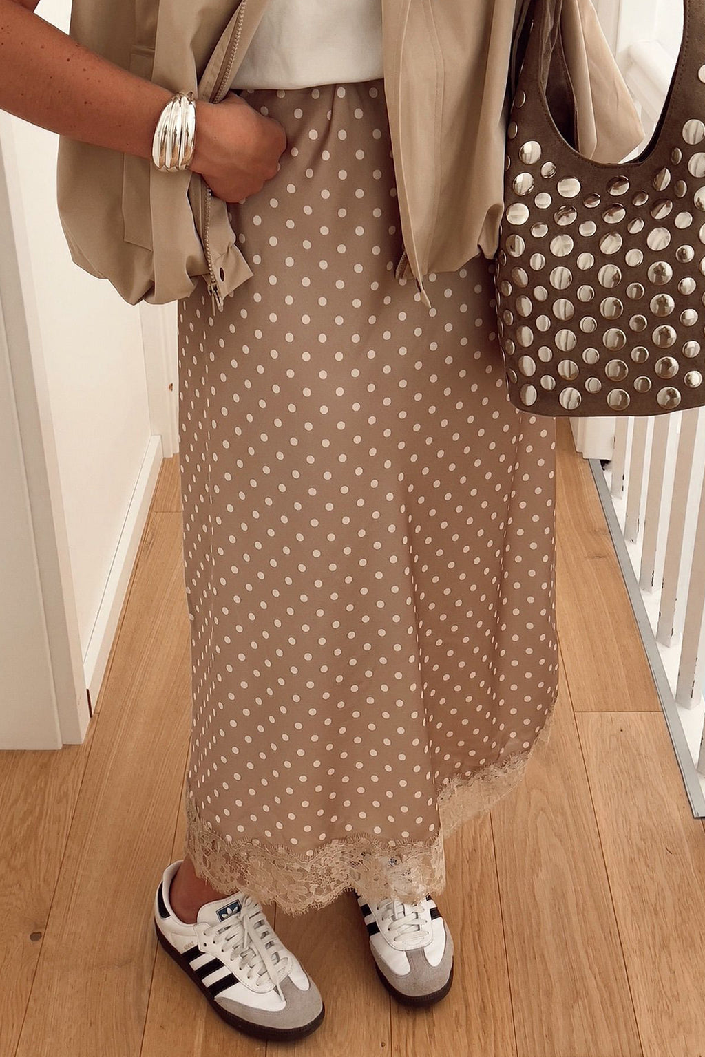 Khaki Polka-Dot Lace Hem Elegant Long Shift Skirt
