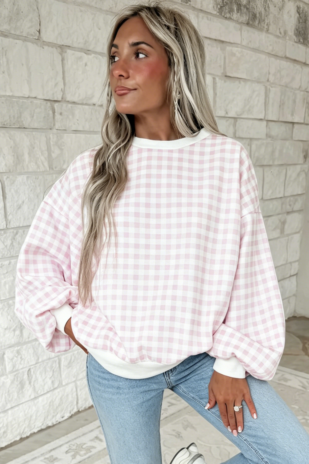 Hazel Faith Pink Plaid Round Neck Long-Sleeve Sweatshirt