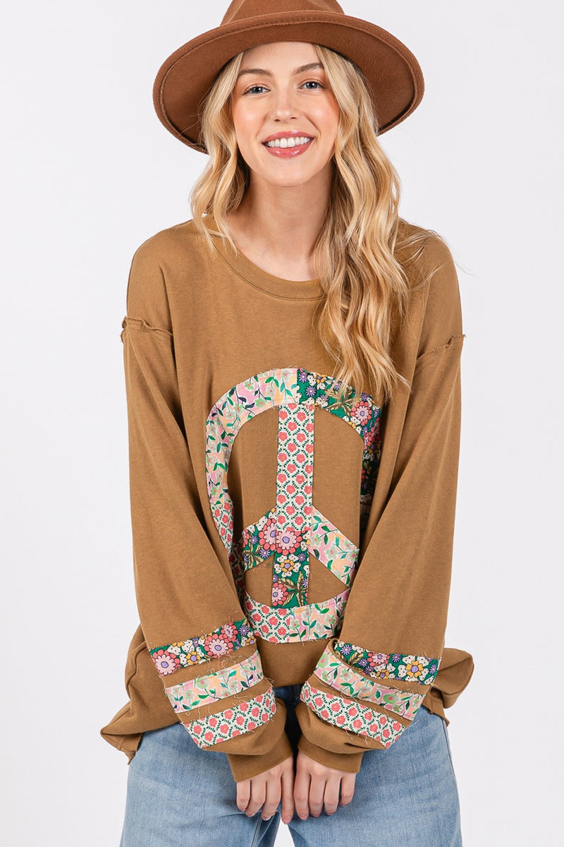 Hazel Blues® |  SAGE + FIG Peace Applique Patch Long Sleeve Top