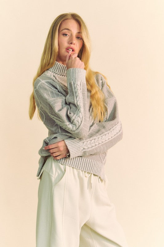 Hazel Blues® |  Davi & Dani Cable-Knit Turtleneck Dropped Shoulder Sweater