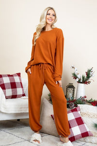 Hazel Blues® |  Super Lady Fuzzy Hacci Brush Round Neck Top and Pants Lounge Set