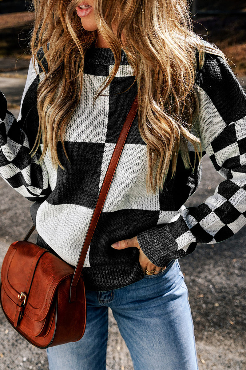 Hazel Blues® |  Checkered Round Neck Drop Shoulder Sweater