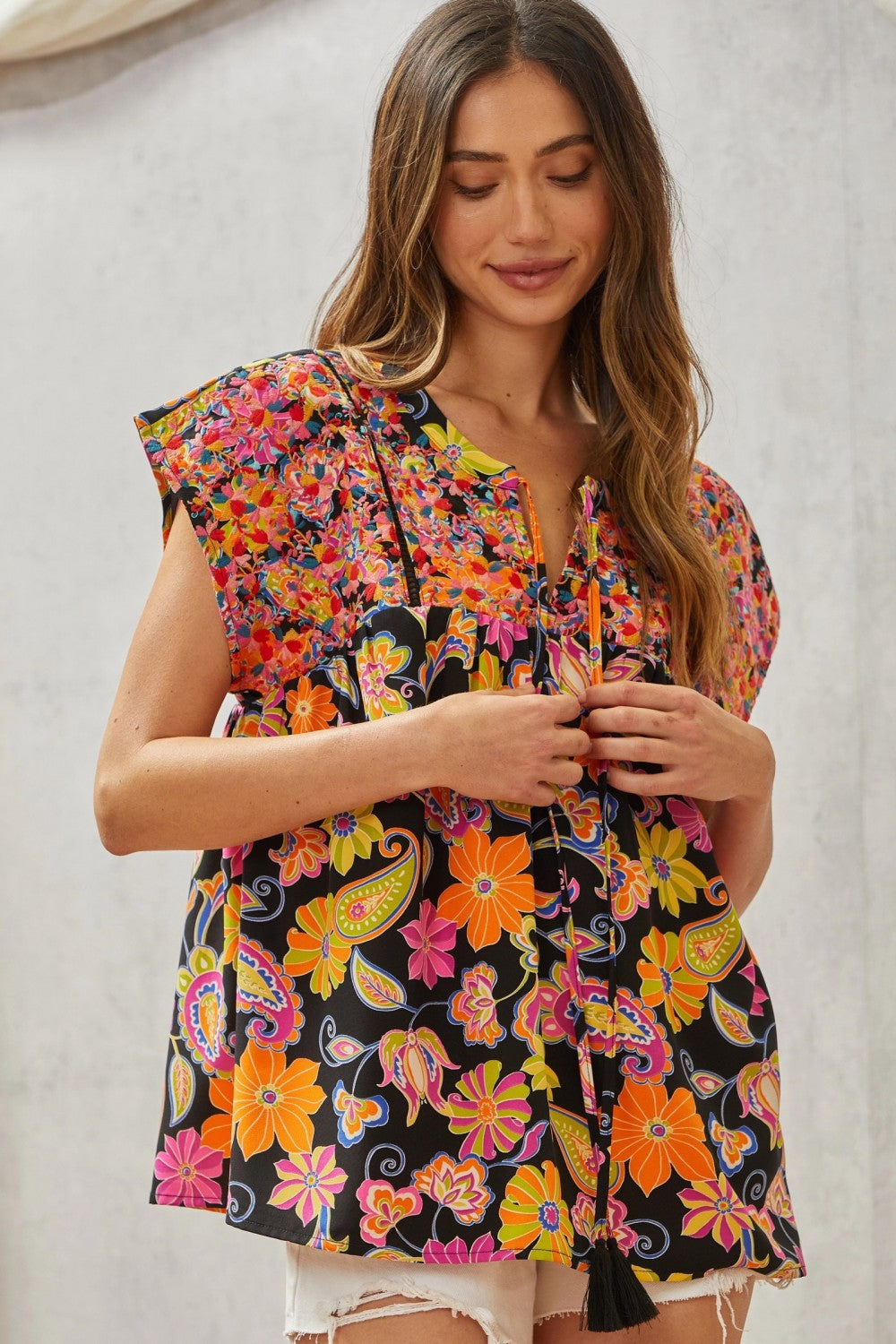 Hazel Blues® |  Multicolored Print Babydoll Top with Floral Embroidery