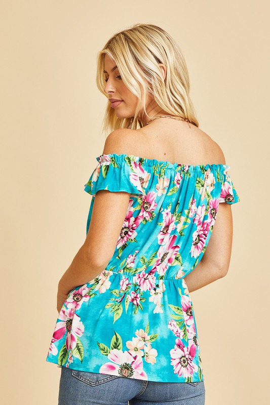 Hazel Blues® |  Off Shoulder Short Sleeve Top with Ruffles in Teal/Magenta