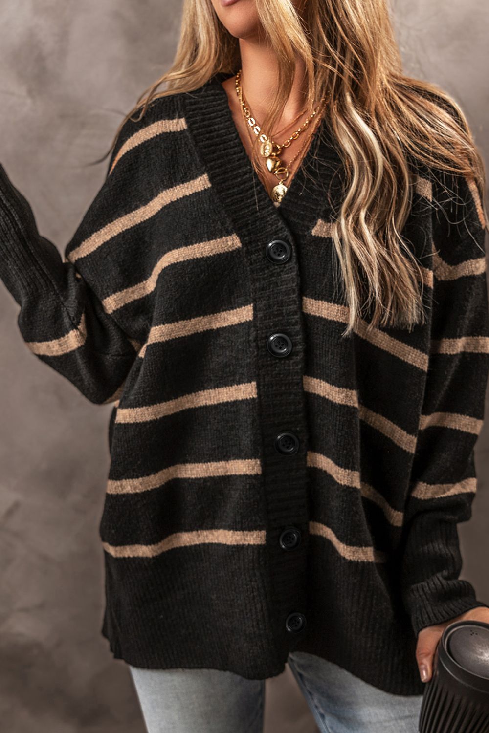 Hazel Blues® |  Striped Button Down Long Sleeve Cardigan