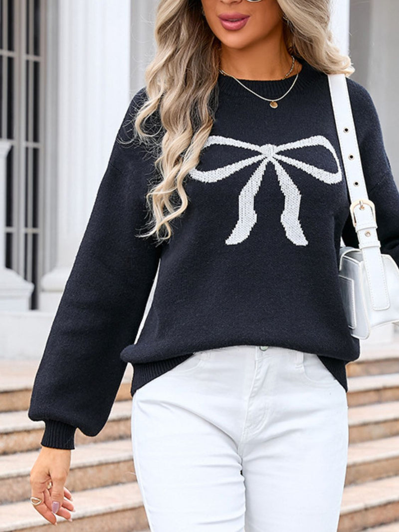 Hazel Blues® |  Bow Graphic Round Neck Long Sleeve Sweater
