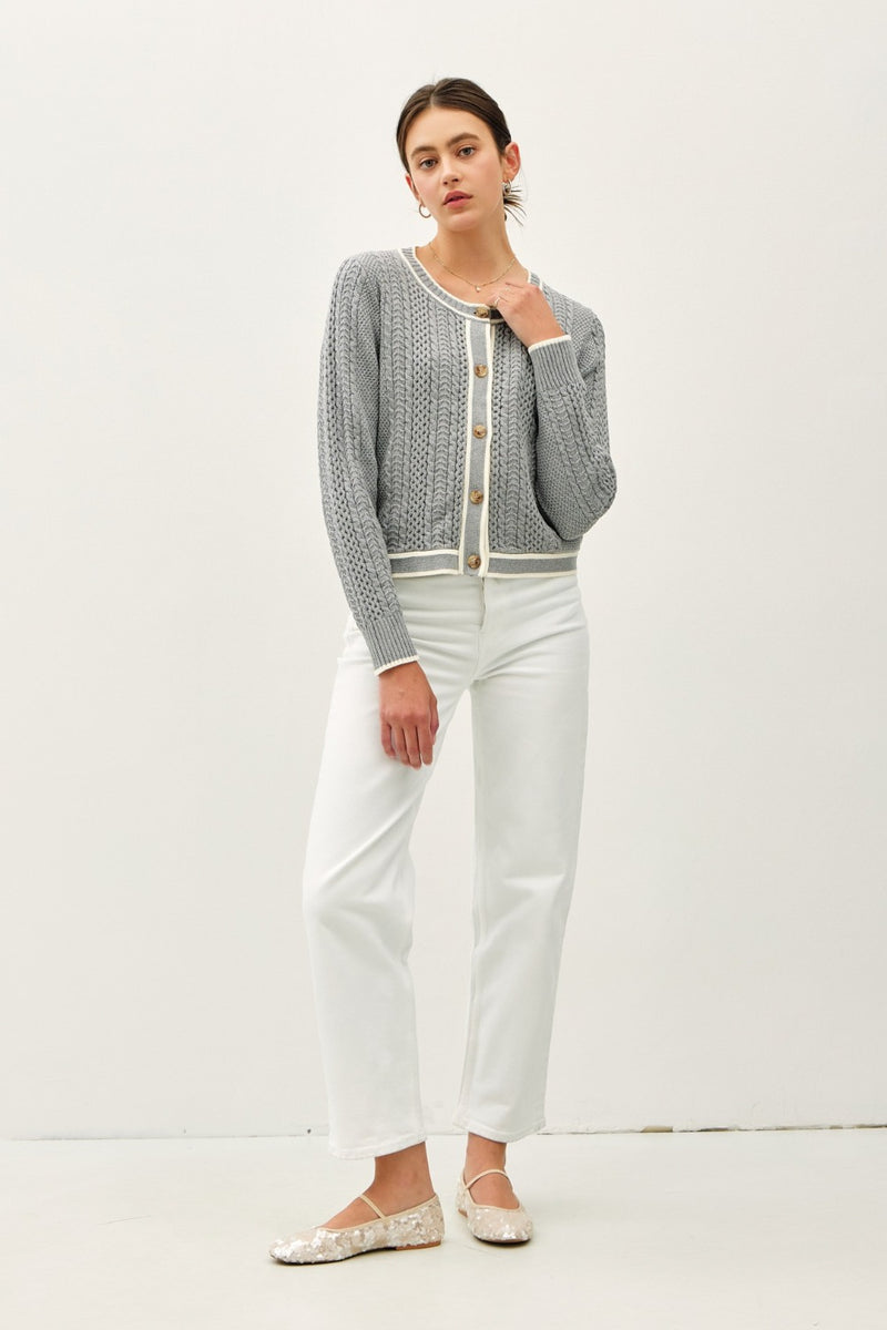 Hazel Blues® |  Be Cool Cable Knit Long Sleeve Contrast Edge Cardigan