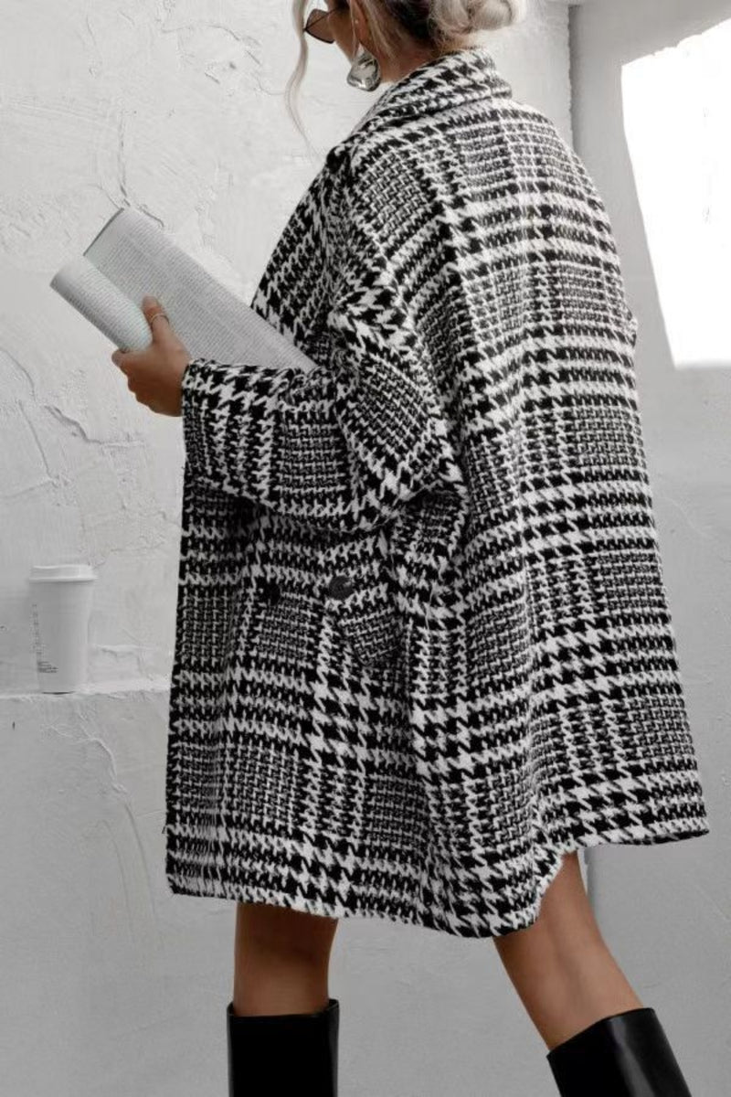 Hazel Blues® |  Houndstooth Collared Neck Long Sleeve Coat