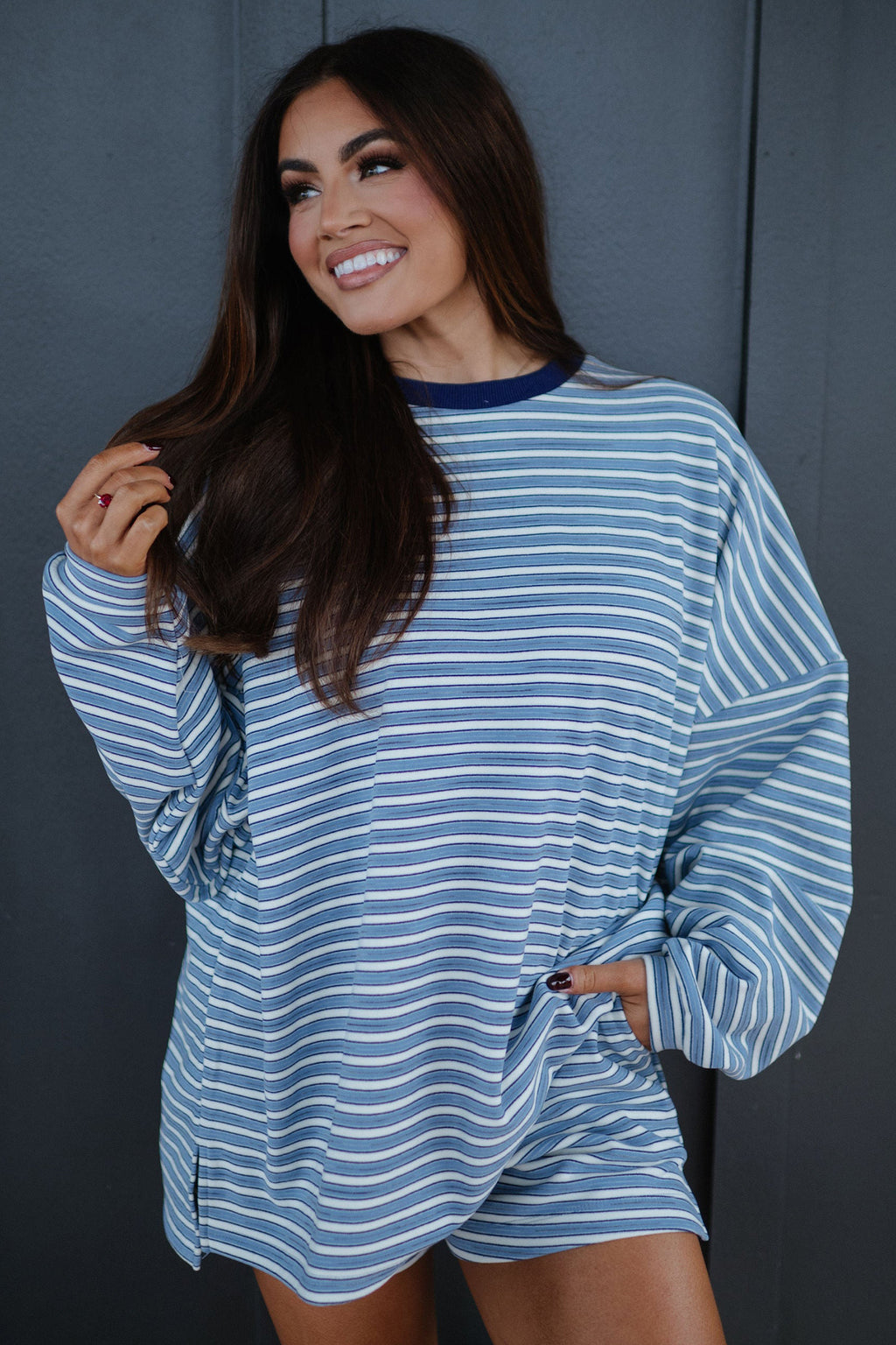 Morning Light Striped Oversized Short Set — Sky Blue Stripe