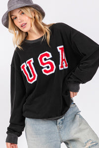 Hazel Blues® |  SAGE + FIG USA Letter Patch Round Neck Sweatshirt