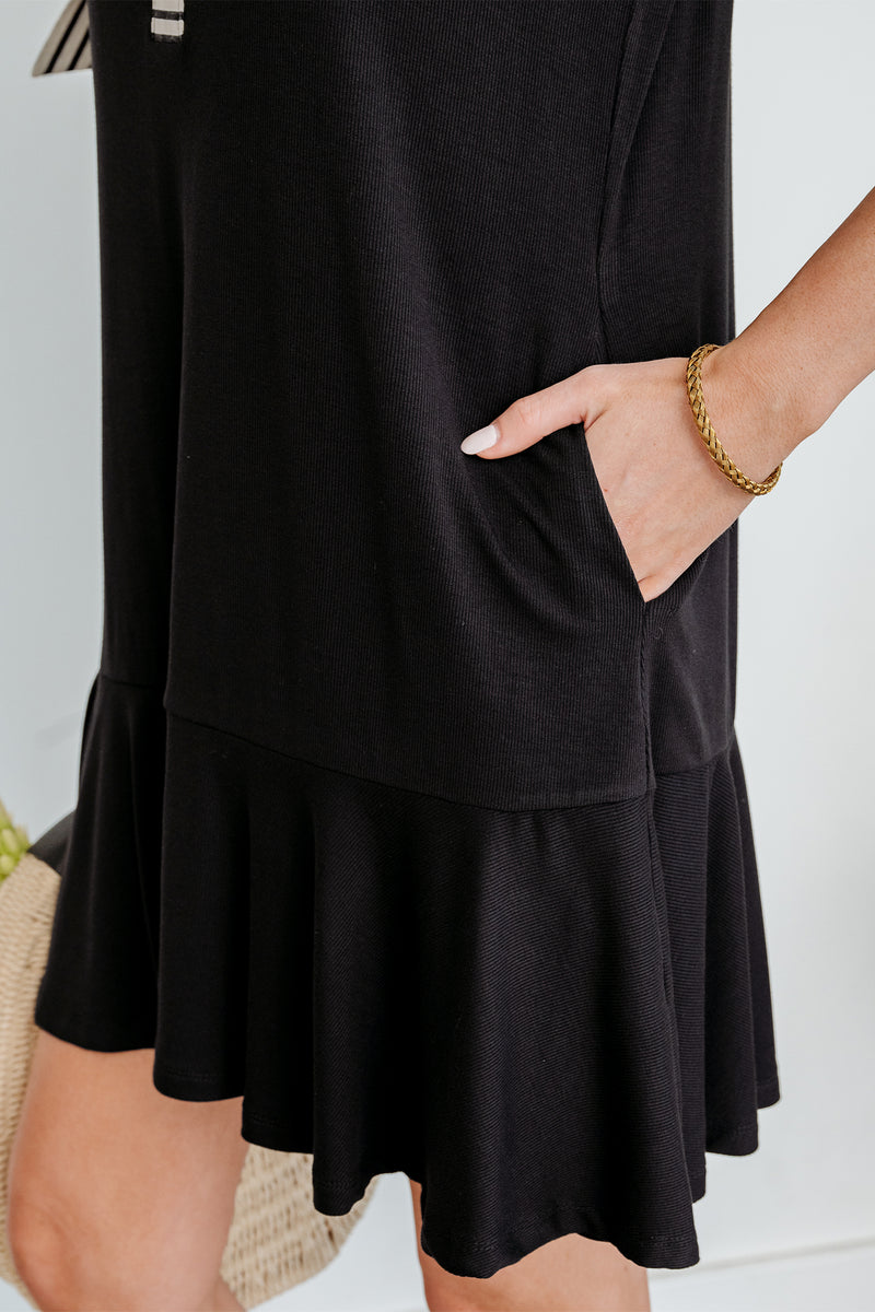 Black Stripe Detail Polo Collar Half Buttons Tied Short-Sleeve Shift Mini Dress – Hazel Blues®