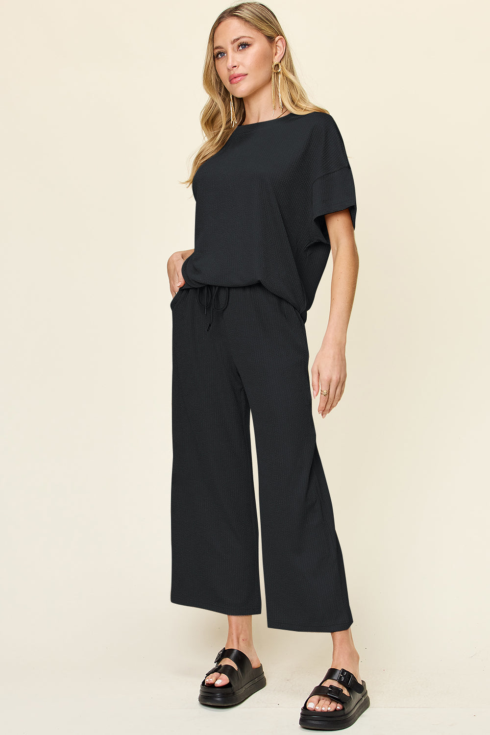 Hazel Blues® |  Double Take Texture Round Neck Short Sleeve T-Shirt and Wide Leg Pants