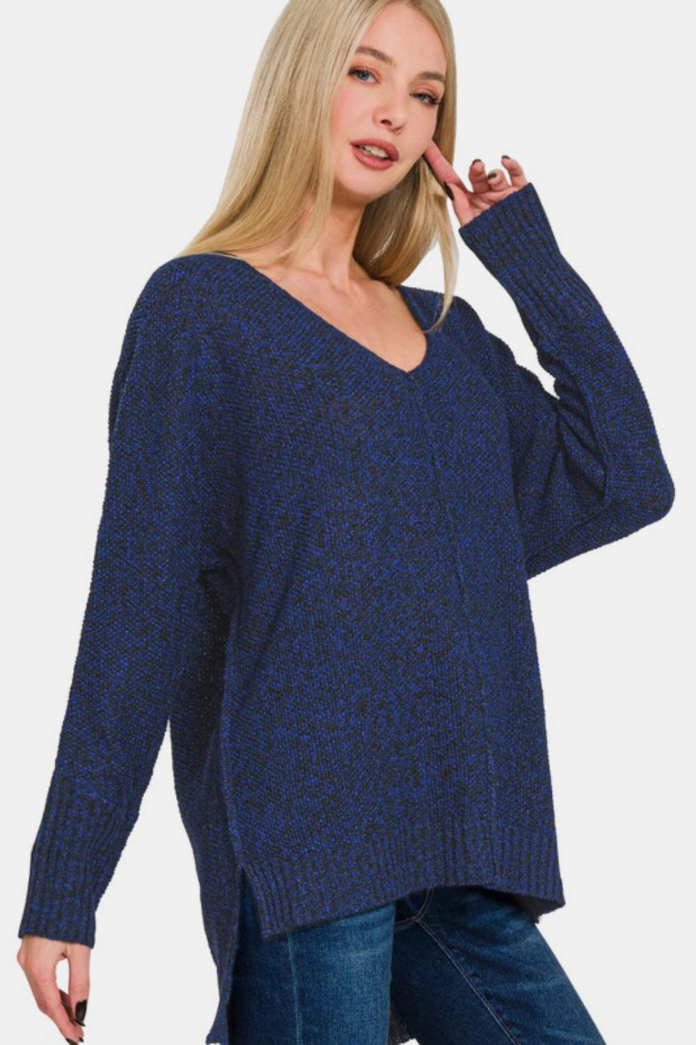 Hazel Blues® |  Zenana High-Low Center Seam V-Neck Sweater