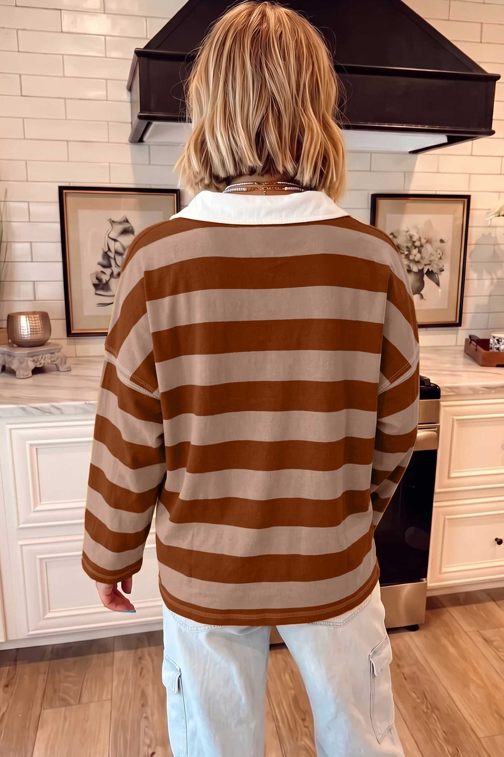 Brown Stripe Polo-Collar Bracelet-Sleeve Top