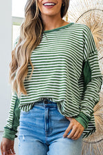 Hazel Blues® |  Green Stripe Thermal Knit Drop Shoulder Casual Top