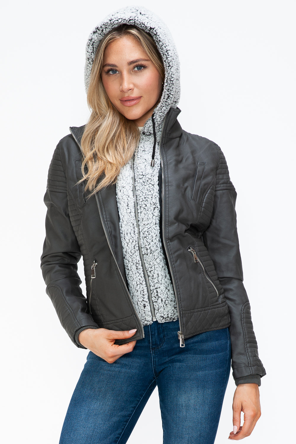 Hazel Blues® |  YMI Faux Layered Double-Zipper Jacket with Fuzzy Hood