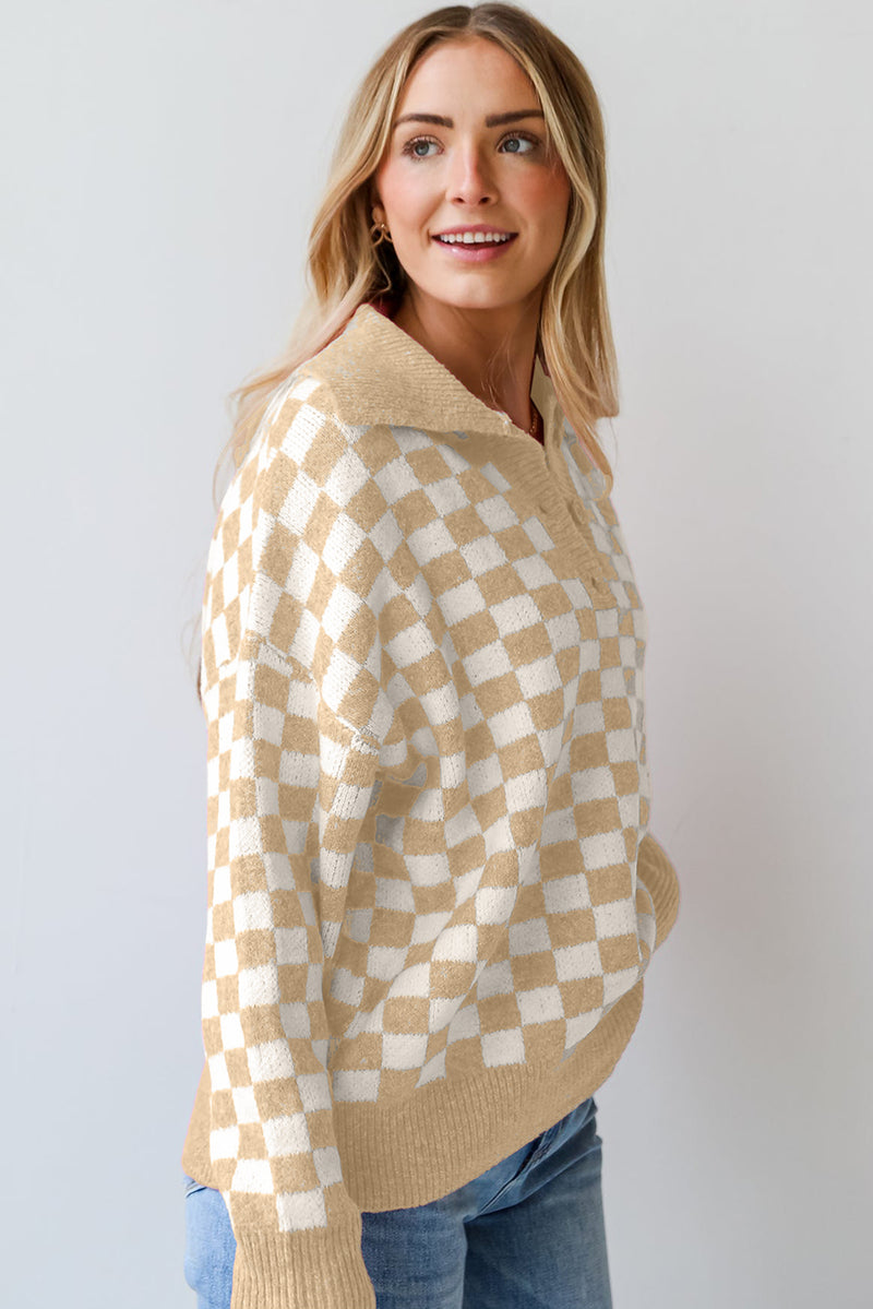 Hazel Blues® |  Checkered Collared Neck Long Sleeve Sweater