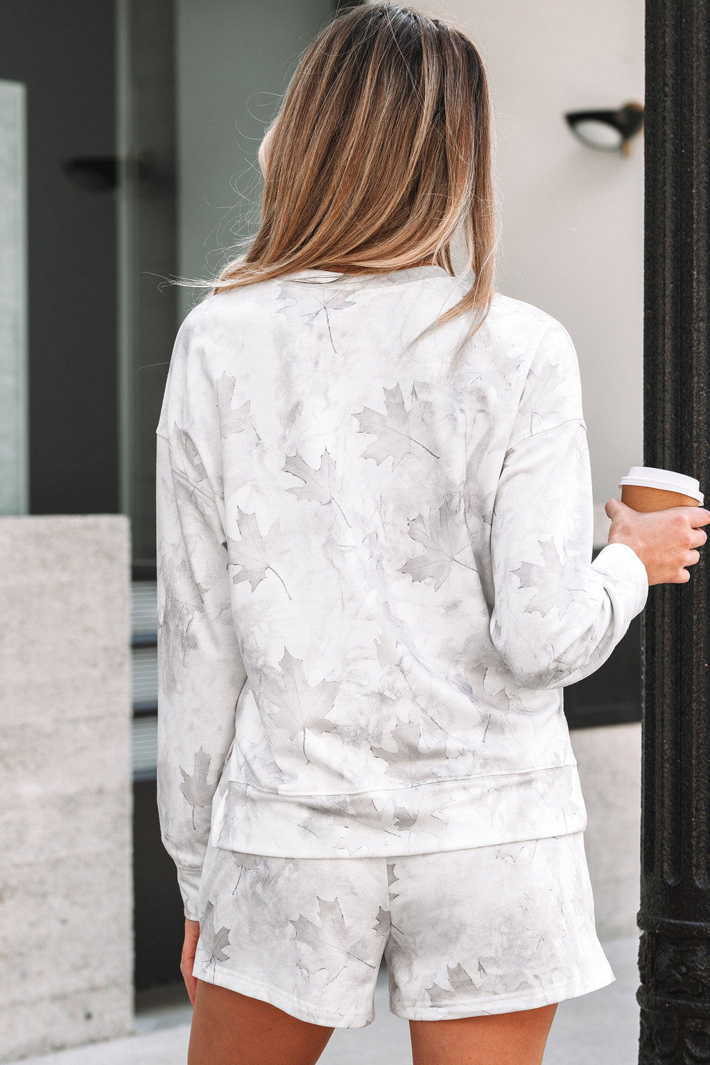 Maple Camo Print Pullover Top and Elastic Waist Casual Short Set