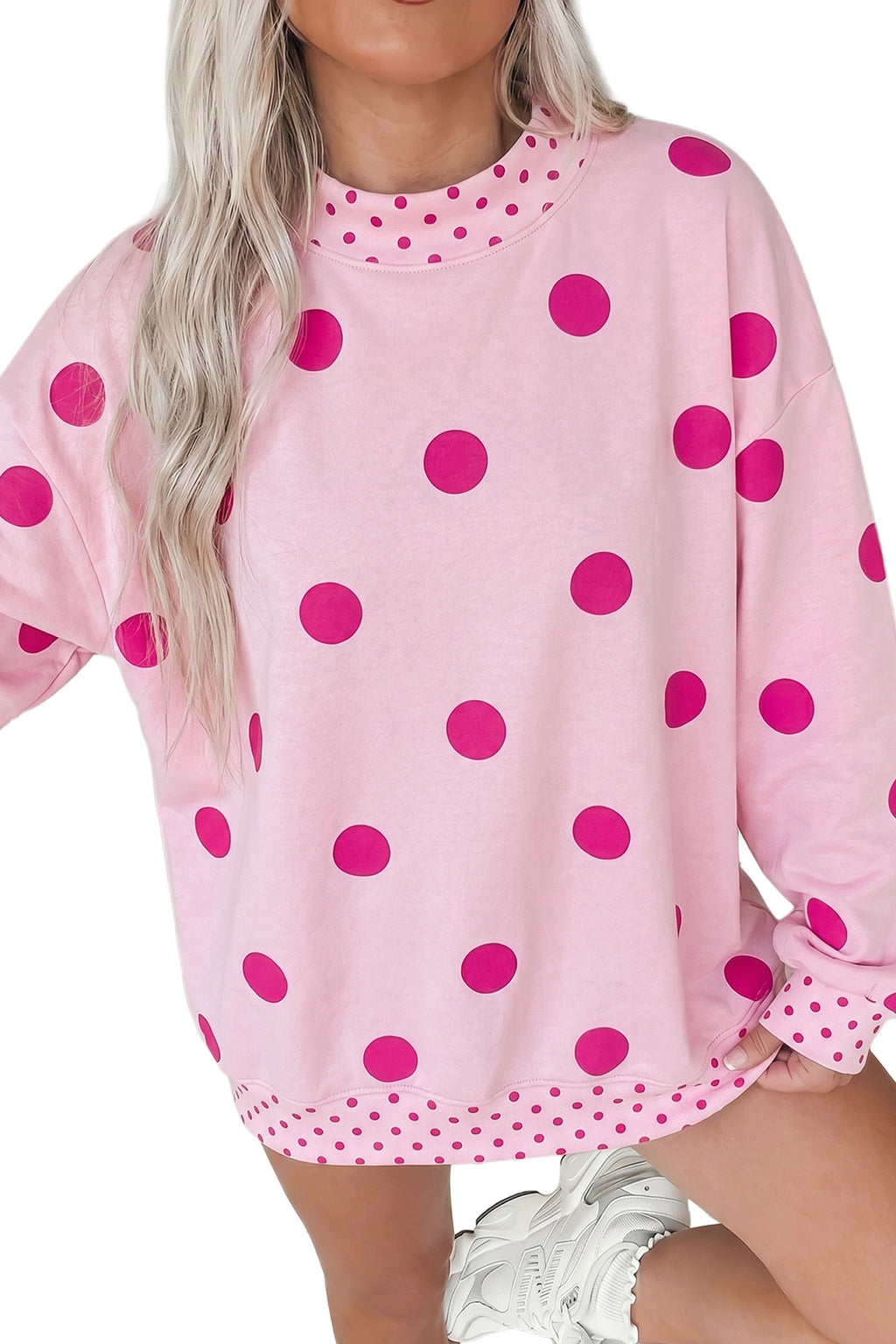 Pink Polka-Dot Print Contrast Detail Oversized Tunic Sweatshirt