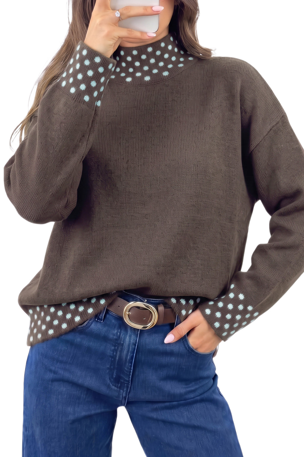 Coffee Polka Dot Mock-Neck Sweater