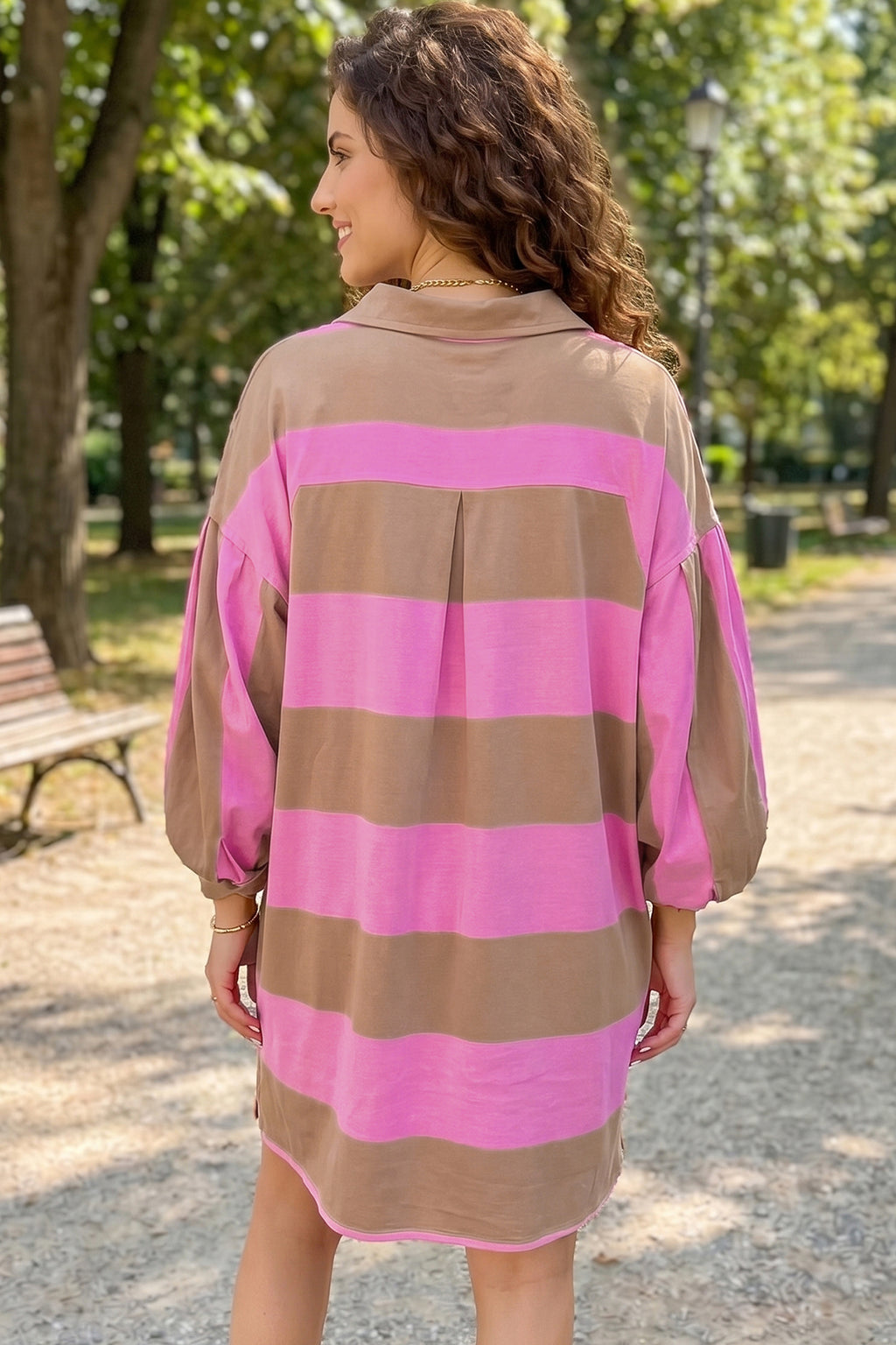 Everly Reese Rose Stripe Striped Button Long-Sleeve Short Shift Dress