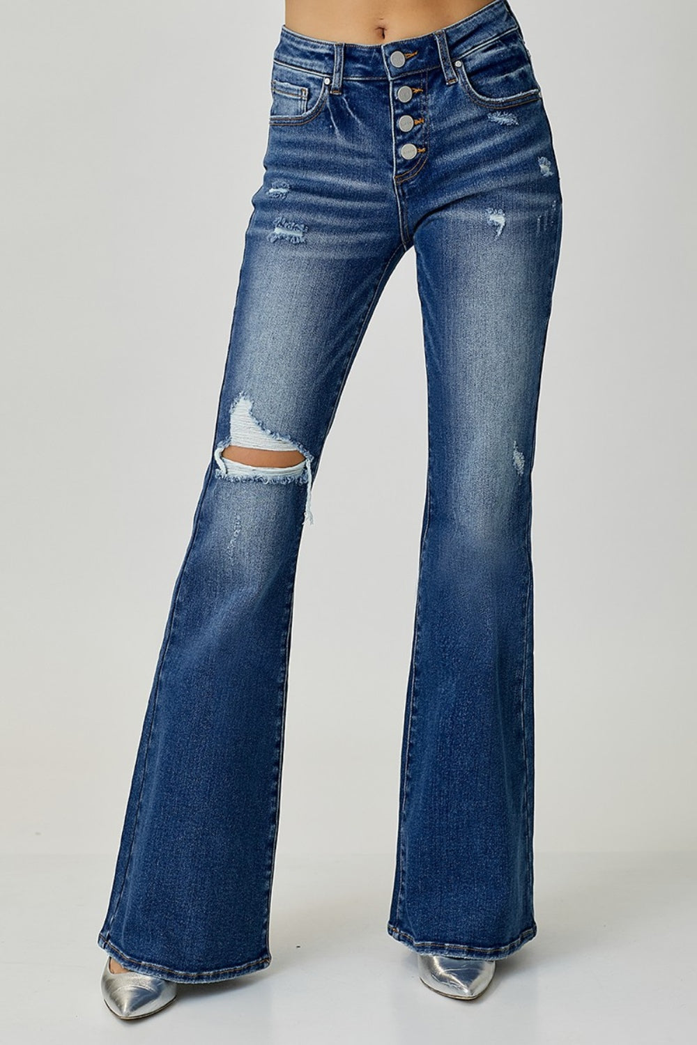 Hazel Blues® |  RISEN Distressed Button-Fly Flare Jeans