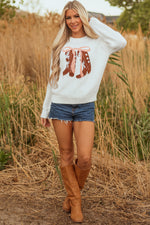 Hazel Blues® |  White Embroidered Bow Boots Graphic Drop Shoulder Sweater