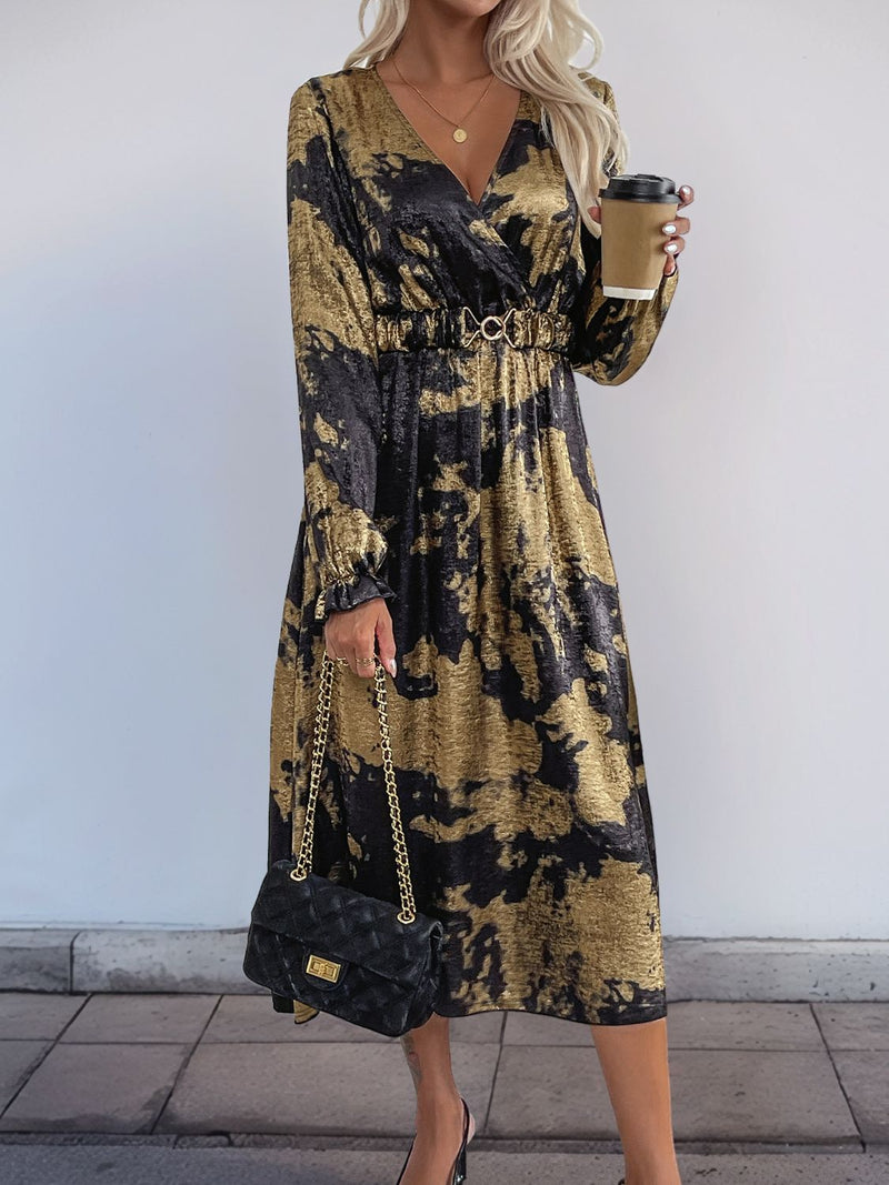Hazel Blues® |  Perfee Printed Surplice Long Sleeve Midi Dress