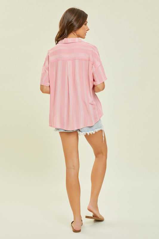 Hazel Blues® |  Light Airy Stripe Gauze Button Down Shirt in Pink