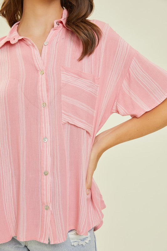 Hazel Blues® |  Light Airy Stripe Gauze Button Down Shirt in Pink