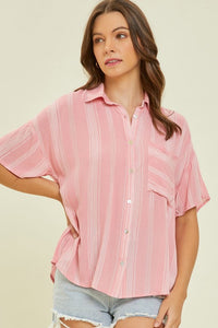 Hazel Blues® |  Light Airy Stripe Gauze Button Down Shirt in Pink