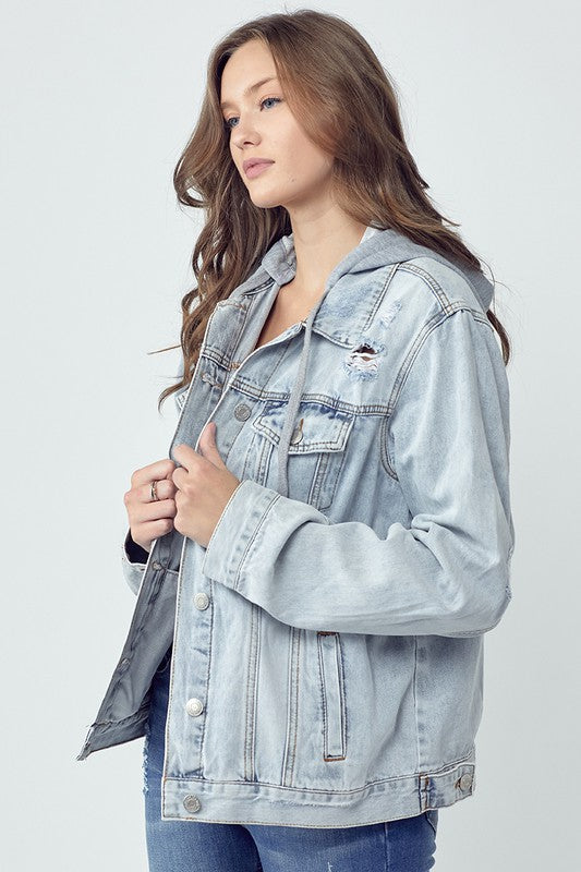 Hazel Blues® |  RISEN Distressed Drawstring Hooded Denim Jacket