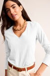 Hazel Blues® |  White Solid Color V Neck Long Sleeve Stretchy Top