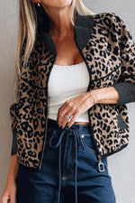 Hazel Blues® |  Khaki Leopard Print Zip Up Stand Neck Side Pocket Jacket